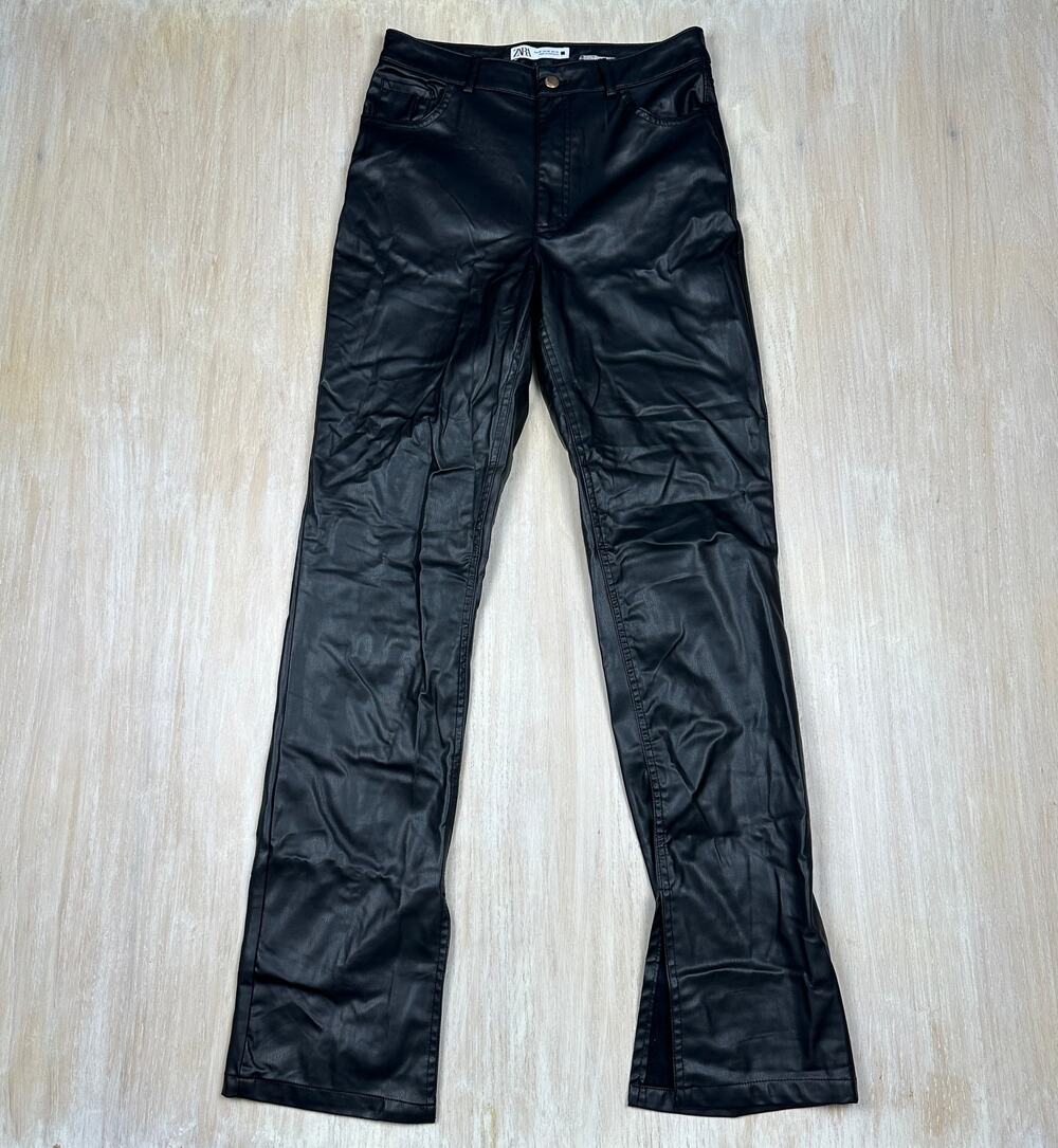 Zara Black Faux Leather Sleek Edgy Straight Slit Ankle Y2K Grunge Punk Pants 6